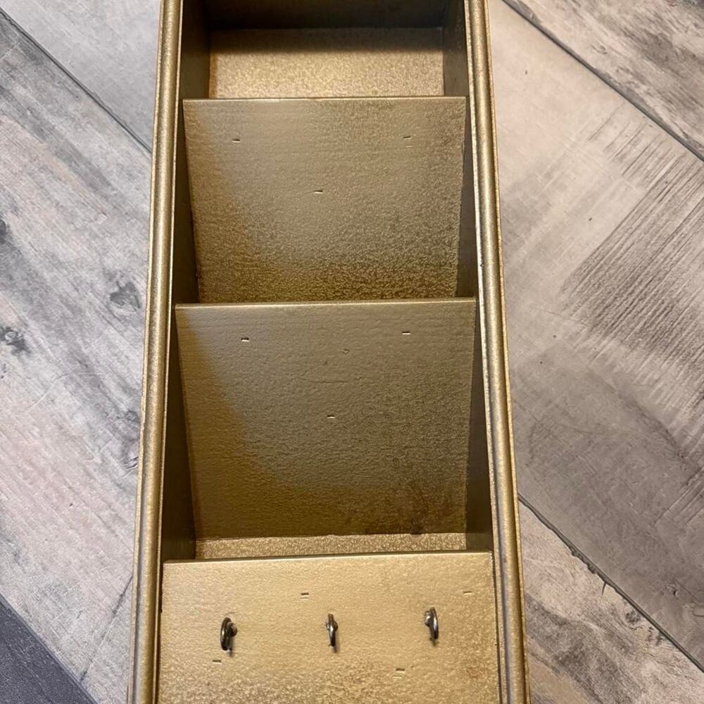 VTG Gold Painted Wall Mail Organizer Letter Holder w/ Hooks Shelf MCM Boho
